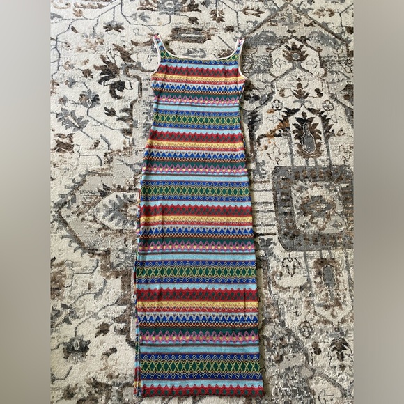 New Striped Pattern Square Neck Tank Dress Sleeveless Slit Boho Multicolored NWT - Picture 12 of 16